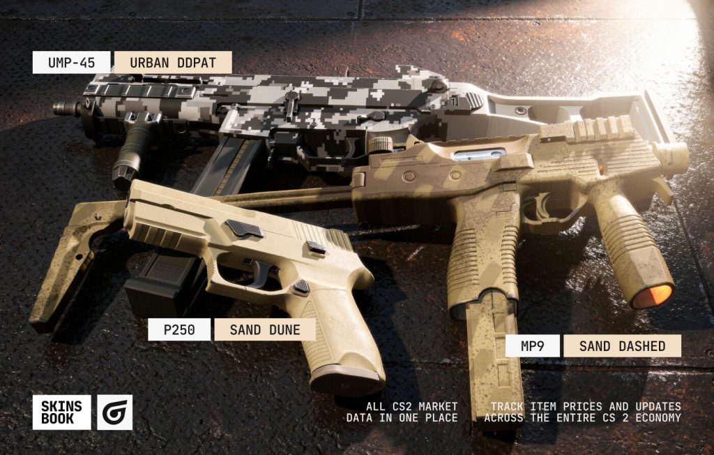 CS2 (CS:GO) skin rarity tier Consumer Grade (White) featuring common skins like P250 Sand Dune and MP9 Sand Dashed