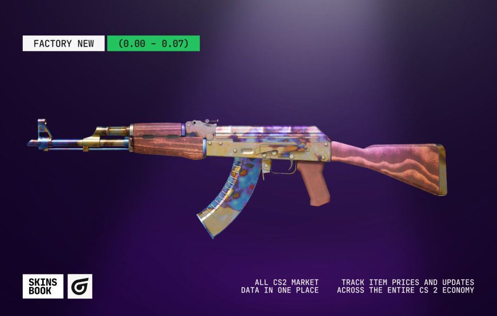 Factory New is the cleanest CS2 skin condition, with float ranges from 0.00 to 0.07, shown here on an AK-47 example