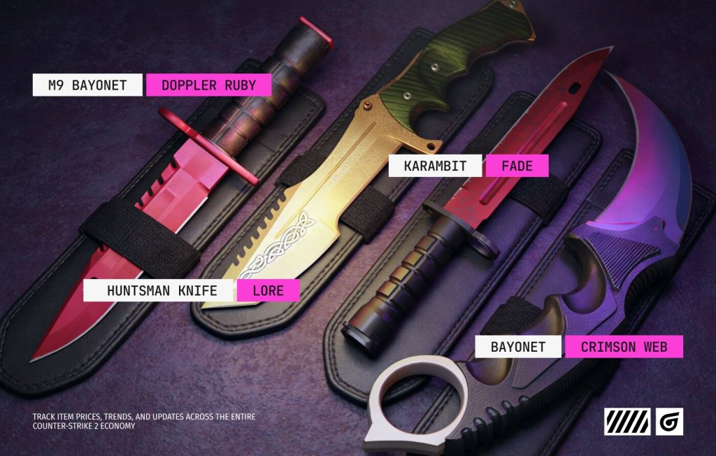 Top-tier CS2 (CS:GO) knife finishes featuring M9 Bayonet Doppler Ruby, Karambit Fade, Huntsman Knife Lore, and Bayonet Crimson Web – premium CS2 knife skin and finish tier list