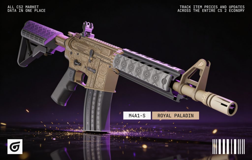 M4A4 | Royal Paladin skin in CS2 featuring an elegant blue-and-gold medieval-inspired design, popular among premium M4A4 skins