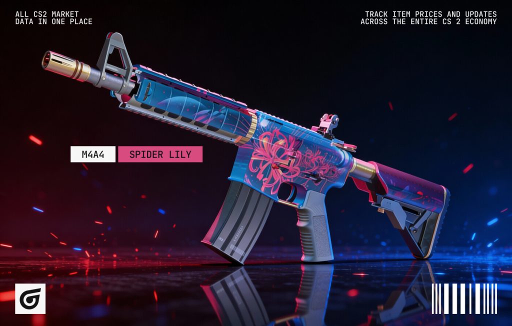 M4A4 | Spider Lily weapon finish in CS2 combining floral patterns with a sleek modern style, included in stylish M4A4 skin collections