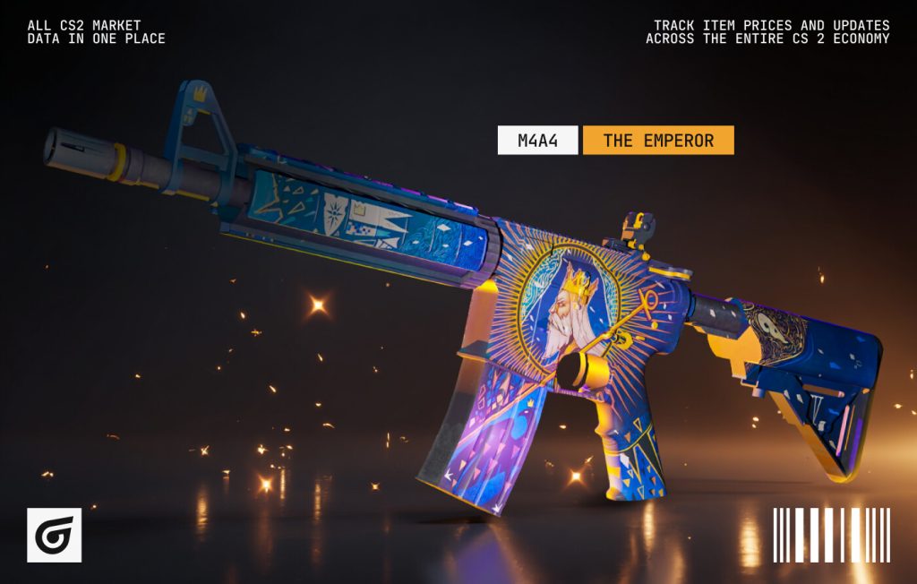 M4A4 | The Emperor skin in CS2 (CS:GO) featuring an ornate golden and red imperial design, ranked among the best CS2 (CS:GO) M4A4 skins