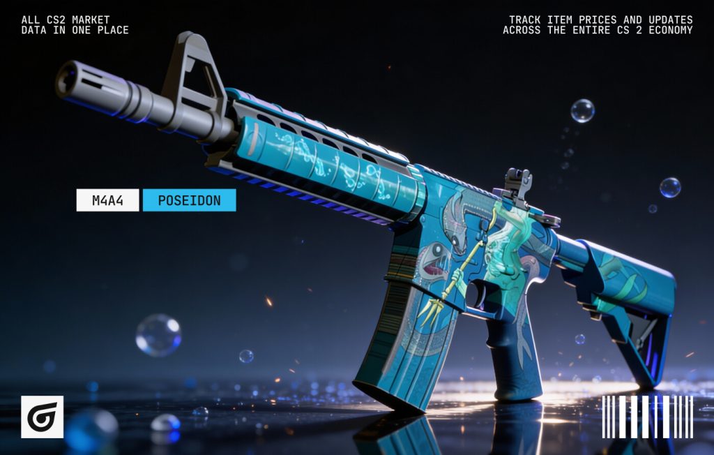 M4A4 | Poseidon skin featuring an ocean-themed blue design with mythological artwork, listed among the coolest M4A4 skins in CS2