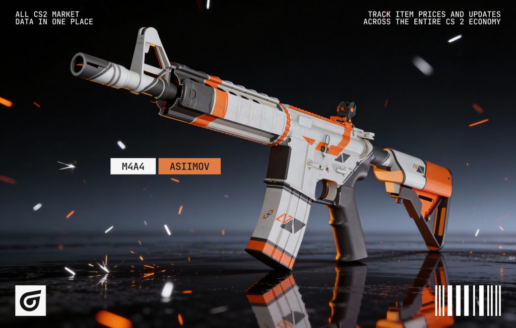 M4A4 | Asiimov skin in CS2 featuring its iconic white, orange, and black futuristic design, ranked among the good M4A4 skins