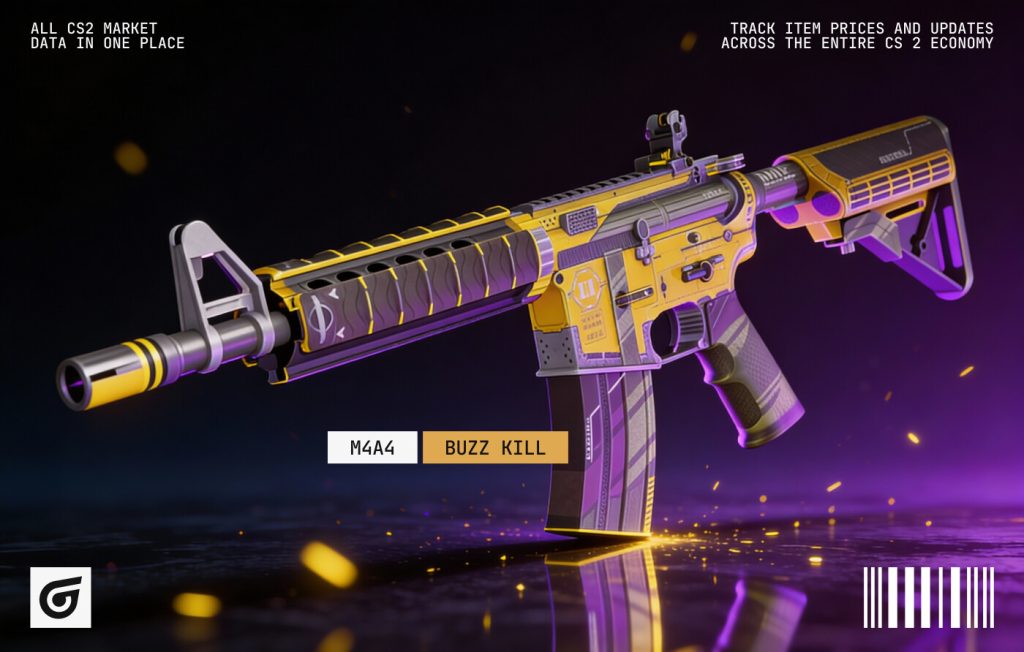 M4A4 | Buzz Kill skin in CS2 featuring a bold yellow and black hazard-style design, ranked among popular M4A4 skins