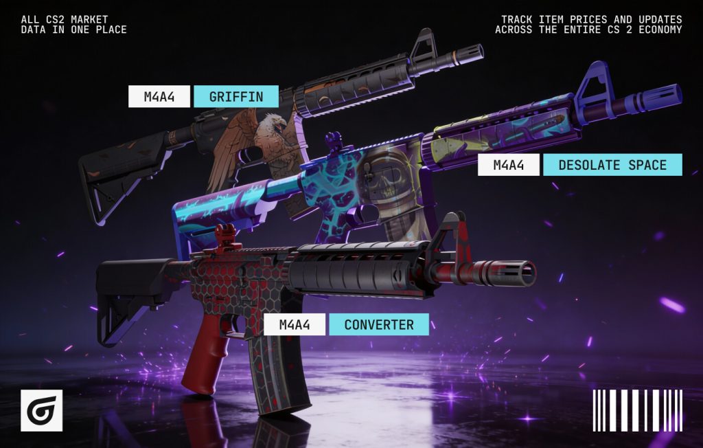 Best M4A4 skins under $20 in CS2 including M4A4 | Desolate Space with a cosmic astronaut theme, M4A4 | Griffin featuring a bold mythical creature design, and M4A4 | Spider Lily with striking floral red-and-black artwork