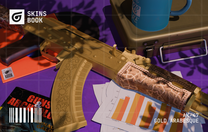 AK-47 | Gold Arabesque Factory New from the 2021 Dust 2 Collection, featuring a full gold finish and typically priced between $1,500 and $12,000 due to its limited availability and strong collector demand.