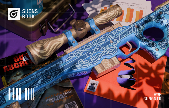 AWP | Gungnir Factory New from the Norse Collection, featuring a design inspired by Odin’s spear, a rare CS2 (CS:GO) skin typically priced between $8,000 and $18,000 due to its limited supply and high collector demand.