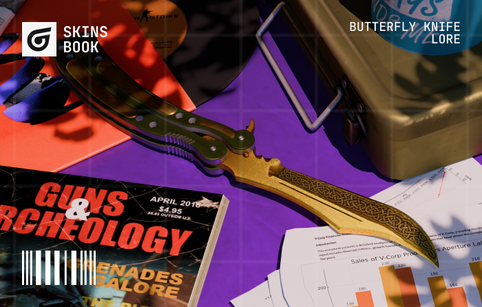 Butterfly Knife | Lore Factory New with a gold Lore finish and iconic butterfly animation, a rare CS2 (CS:GO) skin typically priced between $1,100 and $7,000 due to its premium look and limited supply.