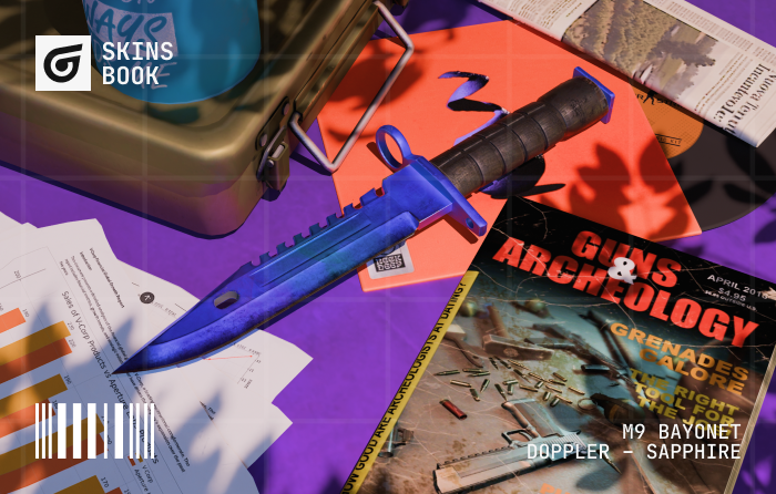 M9 Bayonet | Doppler Sapphire Factory New with a fully blue, jewel-like blade, a rare CS2 (CS:GO) skin typically priced between $5,000 and $20,000 due to its limited supply and striking visual appeal.