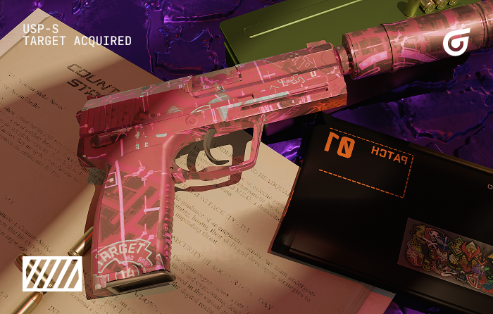 USP-S | Target Acquired CS2 (CS:GO) skin with dark blue and burgundy tactical map pattern, one of the rarest USP skins
