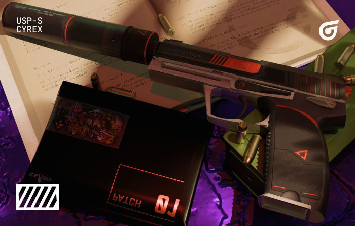 USP-S | Cyrex CS2 (CS:GO) skin with black, white and red geometric design, one of the best cheap and budget USP skins