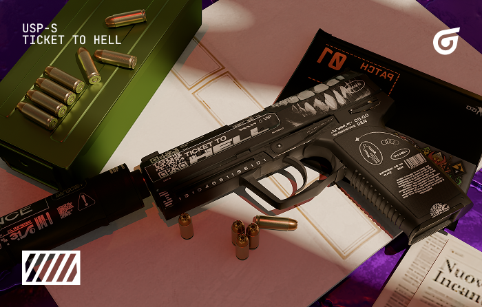 USP-S | Ticket to Hell CS2 (CS:GO) featuring a clean black design, one of the best looking budget USP skins