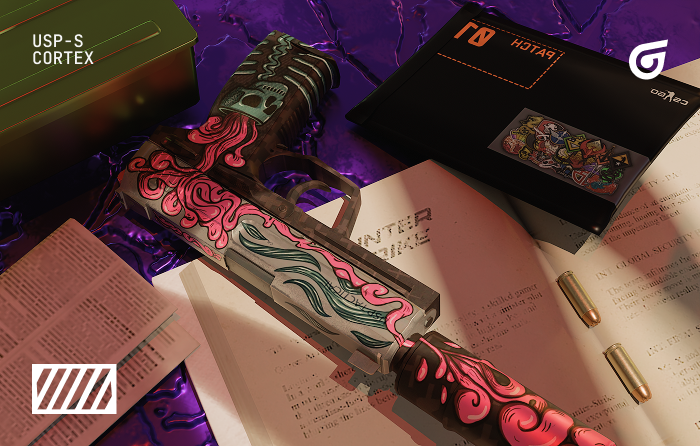 USP-S | Cortex CS2 (CS:GO) featuring a skeleton grip and pink details, one of the best looking budget USP skins