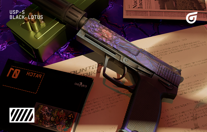 USP-S | Black Lotus CS2 (CS:GO) skin with purple lotus floral design, one of the best cheap USP skins
