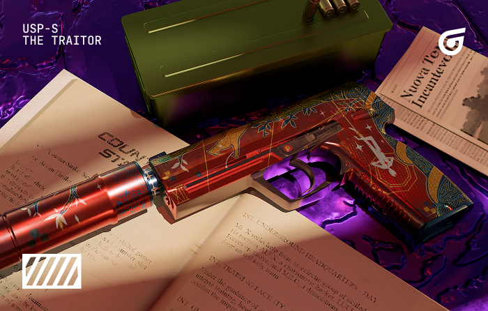 USP-S | The Traitor CS2 (CS:GO) featuring tarot-inspired red and gold design, a premium USP skin