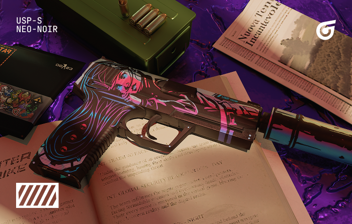 USP-S | Neo-Noir CS2 (CS:GO) skin with neon violet and blue artwork, one of the best looking and timeless USP skins