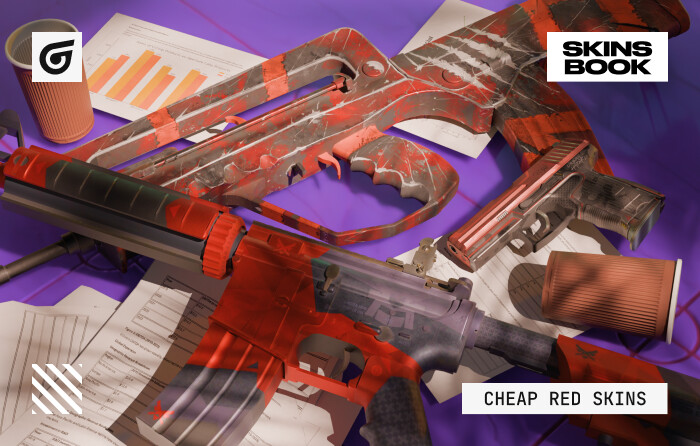 Cheap Red CS2 Skins highlighting cheap CS2 skins such as the P2000 Urban Hazard with bold orange accents, the M4A4 Evil Daimyo featuring sharp red samurai-inspired patterns, and the FAMAS Survivor Z with a worn red-and-black survival theme.