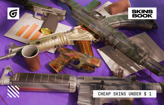 The best cheap CS2 skins under $1, featuring AK-47 VariCamo Grey with a soft grey camouflage pattern, Galil AR Control with teal and black geometric panels, Glock-18 Umbral Rabbit showing a dark purple base with a glowing rabbit graphic, USP-S Torque with a clean white, yellow, and black racing-style design, and M4A4 Magnesium with white, black, and orange streaks.