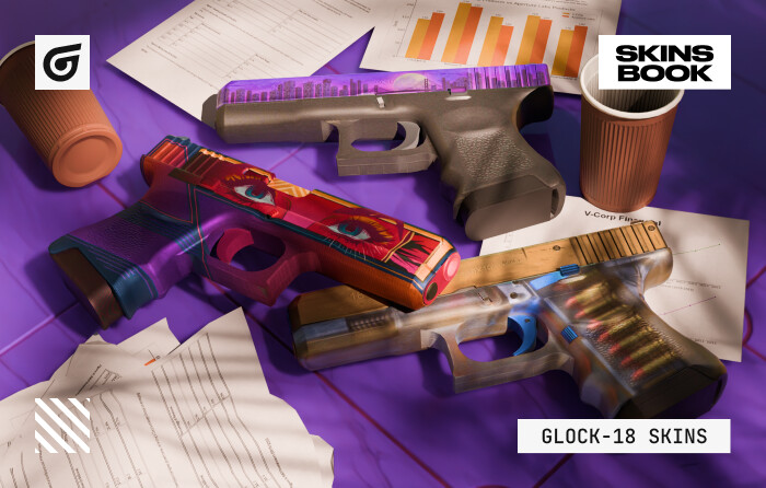 Best cheap Glock skins in CS2 including Glock-18 Vogue from the Fracture Case priced $3–$10 with colorful comic-style artwork, Glock-18 Moonrise from the Clutch Case costing $0.30–$5.50 featuring a purple skyline and moon design, and Glock-18 Clear Polymer from the Snakebite Case priced $0.30–$5.00 with a simple low-cost translucent look.