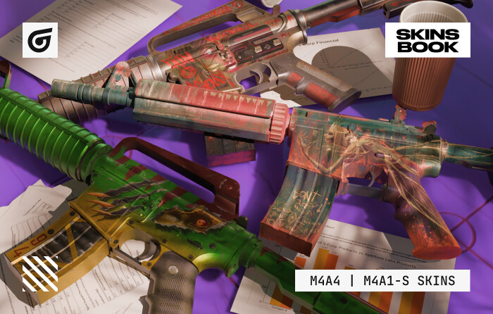 Best cheap M4 skins including M4A4 Tooth Fairy from the Fracture Case priced $3–$15 with dark horror-themed artwork, M4A1-S Night Terror from the Dreams & Nightmares Case costing $3–$6 featuring red and purple surreal patterns, and M4A1-S Emphorosaur-S from the Revolution Case priced $3–$7 with a colorful dinosaur comic-style design.