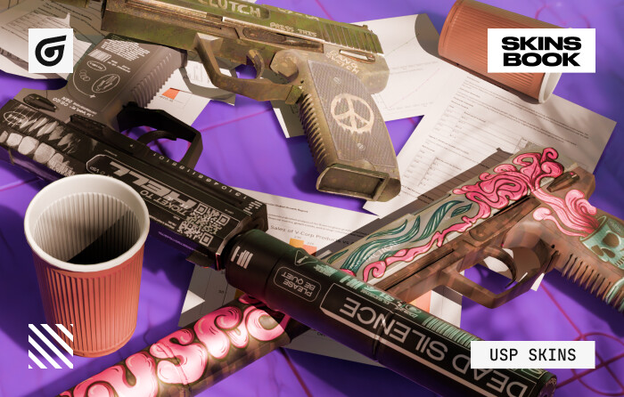 Cheapest USP-S skins including USP-S Cortex from the Clutch Case priced $4–$7 with a pink, blue, and white cartoon brain design, USP-S Ticket to Hell from the Dreams & Nightmares Case costing $1.50–$3.00 featuring a black-and-white occult theme, and USP-S Flashback from the Danger Zone Case priced $1–$2.50 with a green military graffiti-style look.