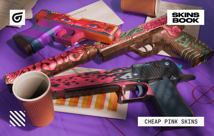 Cheap pink CS2 skins are featured in this image, highlighting Desert Eagle Trigger Discipline with hazard-style accents, Glock-18 Vogue with pop-art eye artwork, and the USP-S Cortex with pink bone details, all considered cheap CS2 (CS:GO) skins.