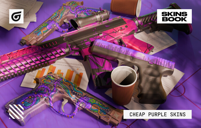 Cheap Purple CS2 Skins featuring budget skins CS2 such as Dual Berettas Flora Carnivora with a dark purple plant design, Glock-18 Moonrise showing a purple-blue skyline and moon, and the SG 553 Pulse with sharp purple and pink patterns on a black base.