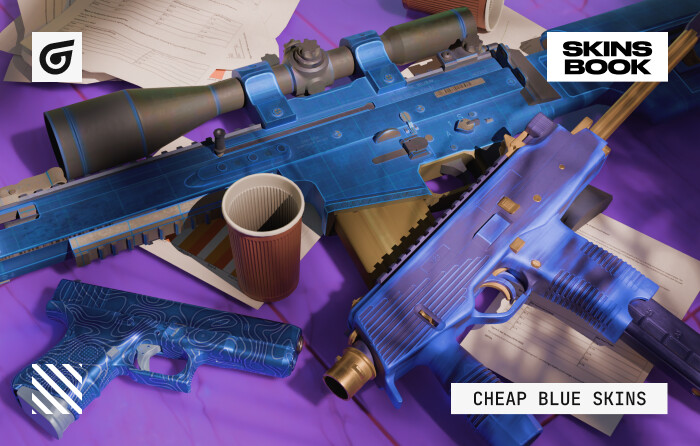 Cheap Blue CS2 Skins showcasing best budget skins CS2 (CS:GO) such as the SCAR-20 Blueprint with a navy technical-line design, the MP9 Buff Blue featuring bright blue accents at a very low price, and the Glock-18 Ocean Topo with a blue-and-black map-style pattern.