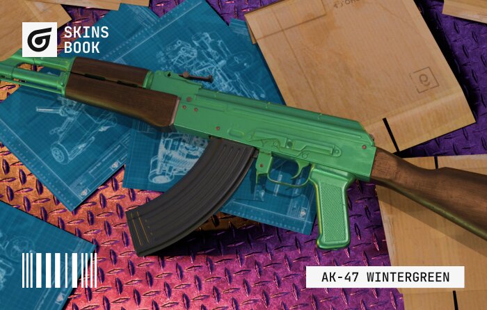 AK-47 | Wintergreen CS2 Mil-Spec Grade skin from The Boreal Collection (released March 31, 2025), priced between $0.89 and $10.18, featuring a solid rich green receiver, grip, and barrel paired with a dark brown wooden stock and handguard; one of the cheapest AK skins of spring 2025, popular for green sticker crafts like Imperial Esports or Drug War Veteran, with a float range up to 0.75 where paint heavily wears on Well-Worn and Battle-Scarred versions, exposing metal underneath.