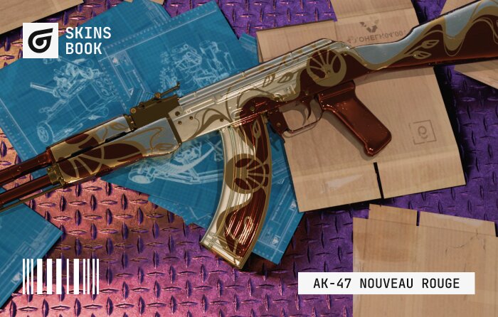 AK-47 | Nouveau Rouge in CS2 (CS:GO), Classified rarity from The Radiant Collection (released March 31, 2025), priced $15.35–$230.88, featuring an elegant Art Nouveau-inspired design with deep wine-red and creamy white tones accented by ornate gold details; introduced in the Spring 2025 update and chosen for its luxurious museum-like aesthetic that stands out from aggressive military camos while still looking deadly in-game; flavor text: “Don't look at it that way—it's an art piece, not a tool for violence.”