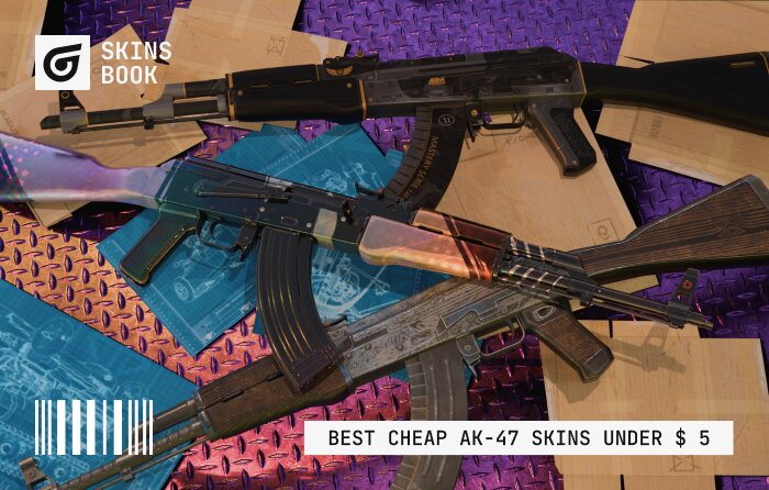 Best cheap AK-47 skins under $5 in CS2 (CS:GO) featuring AK-47 | Crossfade with a colorful fade-style pattern for budget players, AK-47 | Elite Build as a classic best budget AK-47 option in Minimal Wear or Factory New, and AK-47 | Steel Delta from The Anubis Collection with a black-steel finish and textured topographic pattern that reacts to CS2 lighting with a 3D effect and still looks strong at higher wear.