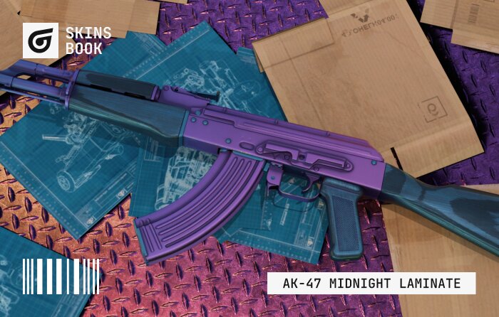 Affordable AK 47 skin AK-47 | Midnight Laminate in CS2 (CS:GO), Restricted rarity from The Ascent Collection (released March 31, 2025), priced $4.80–$37.50, featuring dark blue wooden parts and an iridescent purple body with a cyberpunk-noir laminate style; known for strong wear resistance where scratches are minimal and Field-Tested looks close to Factory New, making it a durable budget option and ideal for blue or purple stickers like Cloud9 or Outsiders, though slightly pricier than other cheapest AK-47 skins; flavor text: “That's one way to get their attention…”.
