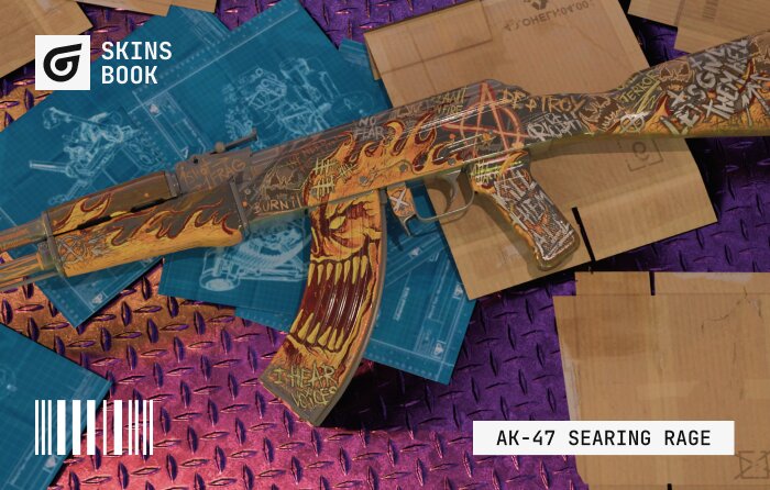 AK-47 | Searing Rage in CS2 (CS:GO), Classified rarity from The Fever Collection (released April 1, 2025), priced $4.68–$50.23, featuring chaotic art brut-inspired design with aggressive red and yellow flames, crude graffiti text like “RUSH” and “DESTROY,” and a fiery Backdraft-style aesthetic; dropped in the Fever Case and known as a cheapest AK-47 skin option around $5 in Battle-Scarred due to its Gunsmith finish that looks battle-hardened rather than worn, ideal for aggressive entry fraggers, though its cluttered, dirty look may not suit minimalist players; flavor text: “RU$HKILLxDESTROY//NOxFEAR-ATTACKBURN!TERROR.”