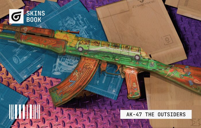 AK-47 | The Outsiders in CS2 (CS:GO), Classified rarity from The Gallery Collection (released October 2, 2024), priced $12.00–$150.00, featuring a funny doodle-style design added in “The Armory” update with caricature drawings of Terrorists across the receiver, including the “Ts on the bus” theme, using a green-and-orange color palette; considered a cool cheap AK skin and affordable AK 47 option with strong meme potential and detailed artwork that reveals new jokes on inspection, though its busy childish notebook style may not appeal to players who prefer military realism or minimalistic designs; flavor text: “The Ts on the bus win rounds and rounds, rounds and rounds, rounds and rounds”.