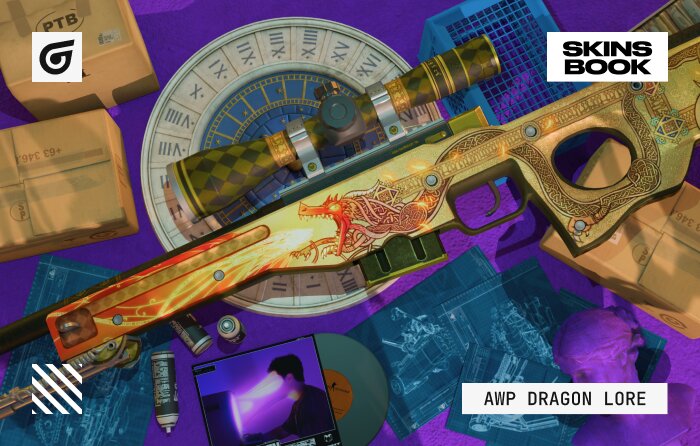 AWP Dragon Lore CS2 skin featuring a dark wooden stock, light metal accents, and a detailed medieval dragon design in yellow, green, and red tones. One of the most expensive AWP skins from the Cobblestone Collection, originally from CS:GO and now permanently scarce in CS2. Gunsmith finish preserves wear quality, with Factory New showing full detail and Field-Tested remaining visually strong. Souvenir Dragon Lore versions from Major tournaments, including Katowice, are considered high-value collector investments with strong liquidity but extremely high entry prices.