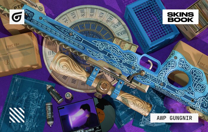 AWP Gungnir CS2 skin from the Norse Collection featuring white and blue Celtic-inspired patterns with Norse mythology elements, creating a cold steel and ice aesthetic. Enhanced by CS2 lighting and materials, the blue accents appear deeper and more dimensional. One of the rarest and most expensive AWP skins due to limited Norse Collection availability and no regular case drops. Factory New versions are especially scarce with minimal wear variation. Souvenir Gungnir versions from Majors are high-value collector items often traded privately, known for strong long-term liquidity and premium investment status despite extremely high entry prices.