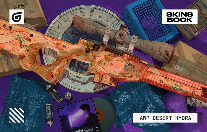 AWP Desert Hydra CS2 skin featuring a warm sandy base with gold and white accents and detailed snake artwork, including one large serpent on the body and smaller snakes across the weapon. Neon-colored eyes and mouths create a vivid, aggressive look enhanced by Source 2 lighting. A highly recognizable and flashy AWP skin with growing demand and rare Factory New availability, maintaining a strong price floor. Known for bold comic-style mythology design rather than classic museum aesthetics like Dragon Lore or Medusa, with slightly narrower high-end liquidity but strong appeal for collectors seeking standout charisma.
