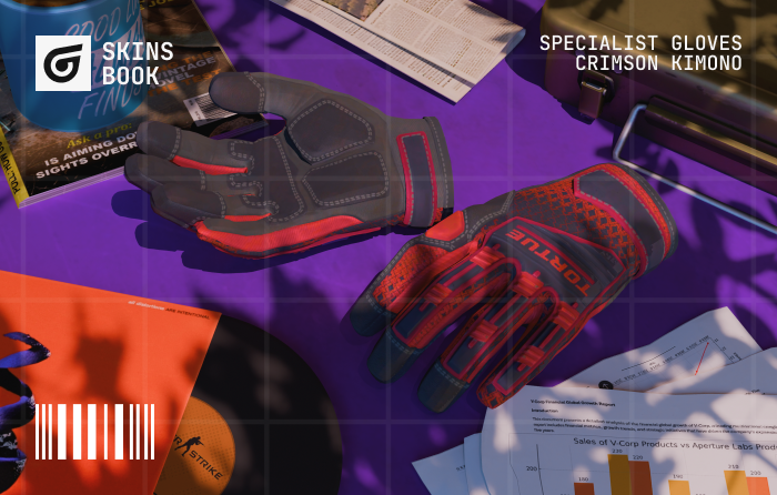 Specialist Gloves | Crimson Kimono Factory New featuring an even, deep red pattern, a rare CS2 (CS:GO) skin valued for its high rarity, older drop origin, and perfect fit for red-themed loadouts.