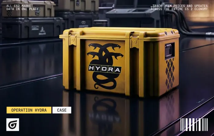Operation Hydra Case, one of the most expensive case in (CS:GO) CS2, with an average price of $38 (range $32.40–$52.27), showing long-term growth from $0.08 to over $30 with a drop after the CS2 release in 2023, limited to a maximum of 9 drops per player, featuring mythological and surreal skins like Five-SeveN Hyper Beast, AWP Oni Taiji, M4A4 Hellfire, and Galil AR Sugar Rush, known for rare Sport Gloves like Hedge Maze and Pandora’s Box with higher ROI potential but riskier short-term holding, suitable for both case opening players and collectors