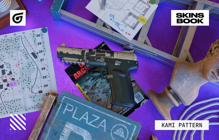 Kami pattern in CS2 (CS:GO) showing clear and fully visible Japanese characters and faces, illustrating how specific skin pattern ID values affect element placement and create value differences in CS2 (CS:GO) skins with different patterns.