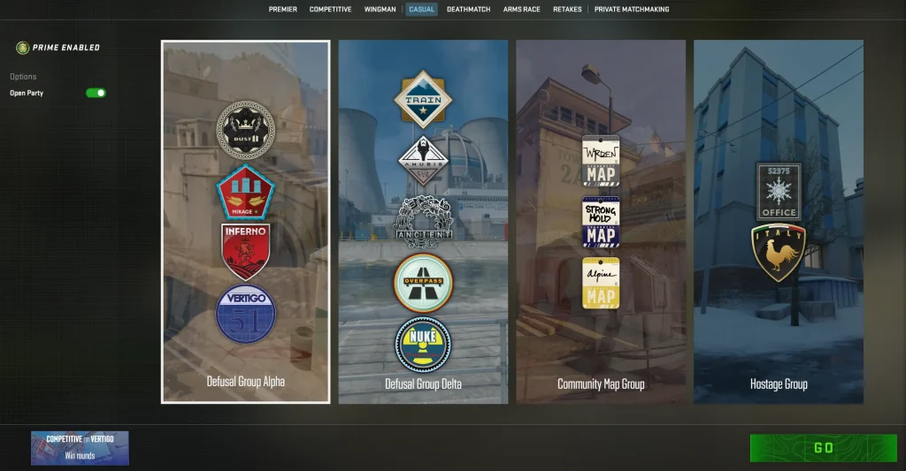 Casual Mode gameplay in Counter-Strike 2 featuring 10v10 matches with Bomb Defusal and Hostage Rescue scenarios, simplified economy, free armor and defuse kits, and map group selection, representing a beginner-friendly experience among counter strike 2 modes.