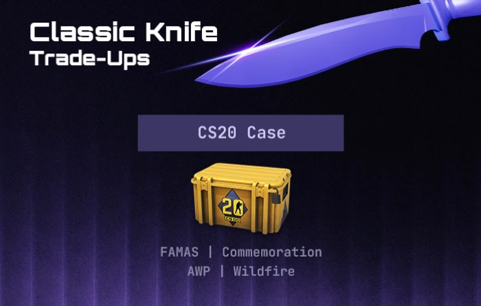 CS2 Classic Knife trade-ups using cheapest red skins, including FAMAS Commemoration and AWP Wildfire from the CS20 Case with guaranteed knife outcome