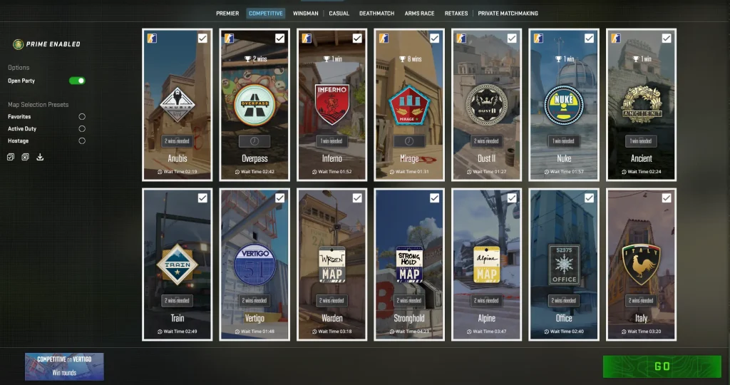 Competitive Mode (classic matchmaking) in Counter-Strike 2 showing 5v5 MR12 gameplay on selected maps like Dust 2, per-map Skill Group ranks from Silver to Global Elite, and standard XP rewards, highlighting flexible map selection and progression across CS2 (CS:GO) game modes.