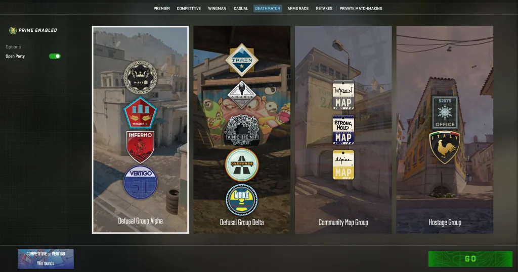 Deathmatch Mode in Counter-Strike 2 featuring fast-paced free-for-all gameplay with instant respawns, unlimited weapon selection, and continuous gunfights, designed for aim training and warmups within csgo game modes explained.