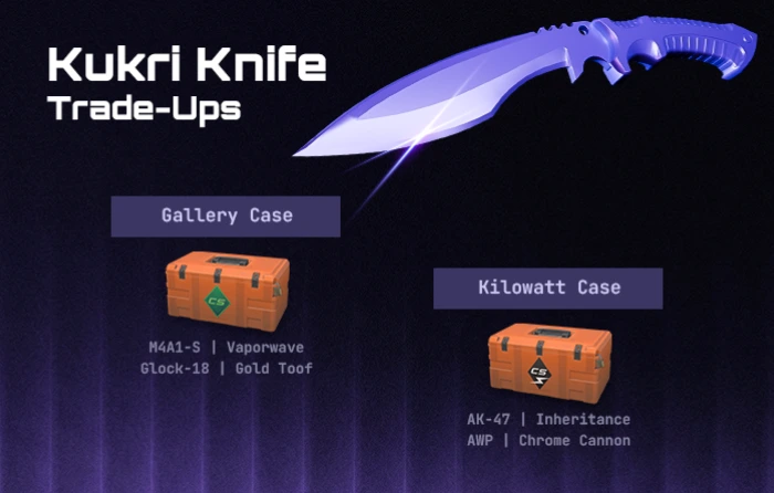 CS2 Kukri knife trade-ups using red skins CS2, including AK-47 Inheritance, AWP Chrome Cannon, and covert skins from Gallery and Kilowatt cases for high-value knife outcomes