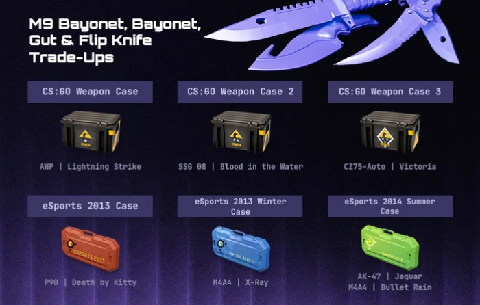 CS2 M9 Bayonet, Bayonet, Gut, and Flip Knife trade-ups using cheapest red skins CS2, including AWP Lightning Strike, SSG 08 Blood in the Water, and covert skins from CS:GO Weapon and eSports cases with shared knife pool outcomes