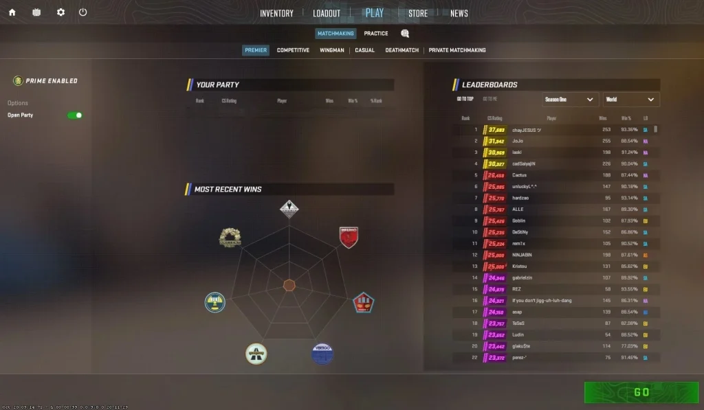 Premier Mode (Ranked Competitive Mode) interface in Counter-Strike 2 showing CS Rating system, map veto phase, and 5v5 competitive gameplay from the Active Duty map pool, highlighting advanced mechanics and leaderboard progression typical of cs2 game modes.