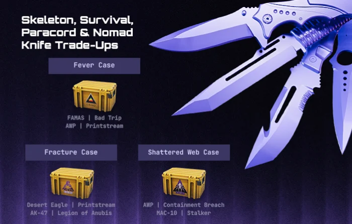 Skeleton, Survival, Paracord, and Nomad knife trade-ups using skins , including FAMAS Bad Trip, MAC-10 Stalker, and covert skins from Fracture, Shattered Web, and Fever cases with limited knife pool outcomes