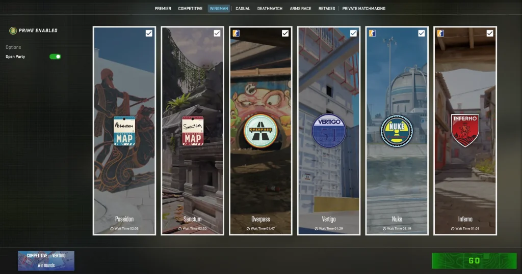 Wingman Mode (2v2 competitive format) in Counter-Strike 2 showing fast-paced MR8 matches on compact maps with a single bombsite, highlighting teamwork, isolated Skill Group ranking, and quick XP rewards within all CS2 (CS:GO) game modes.